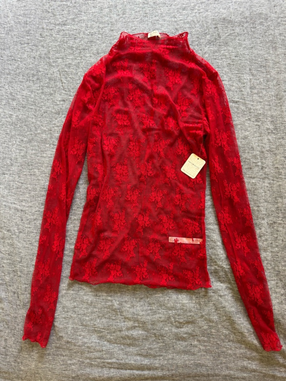 Sheer Lace Long-Sleeve Top - Red